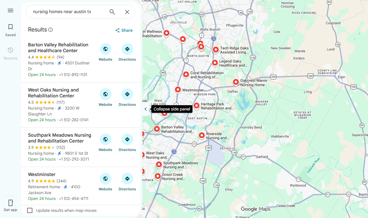 Live Google Maps local pack results for nursing homes near Austin, TX
