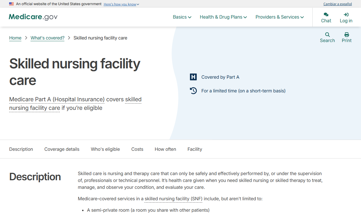 Medicare.gov skilled nursing facility care coverage page