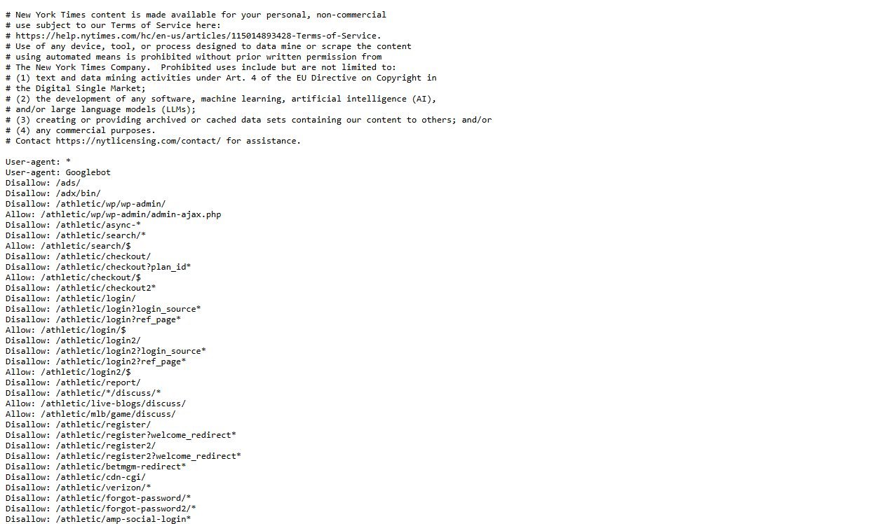 The live robots.txt file of a large news publisher showing a comment block about AI and LLM use, then user-agent and disallow rules