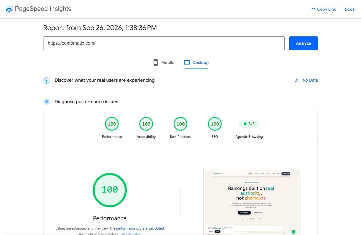 PageSpeed Insights desktop report for contomatix.com showing 100 for performance, accessibility, best practices and SEO