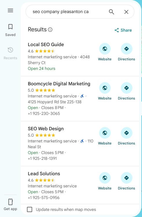 Live Google Maps results for seo company pleasanton ca