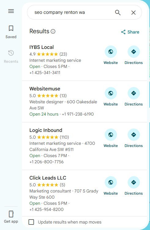 Live Google Maps results for seo company renton wa showing local and Seattle-area providers