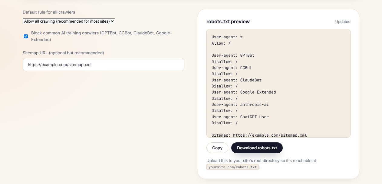 The Contomatix robots.txt generator with the AI crawler option ticked, showing generated user-agent blocks and a sitemap line