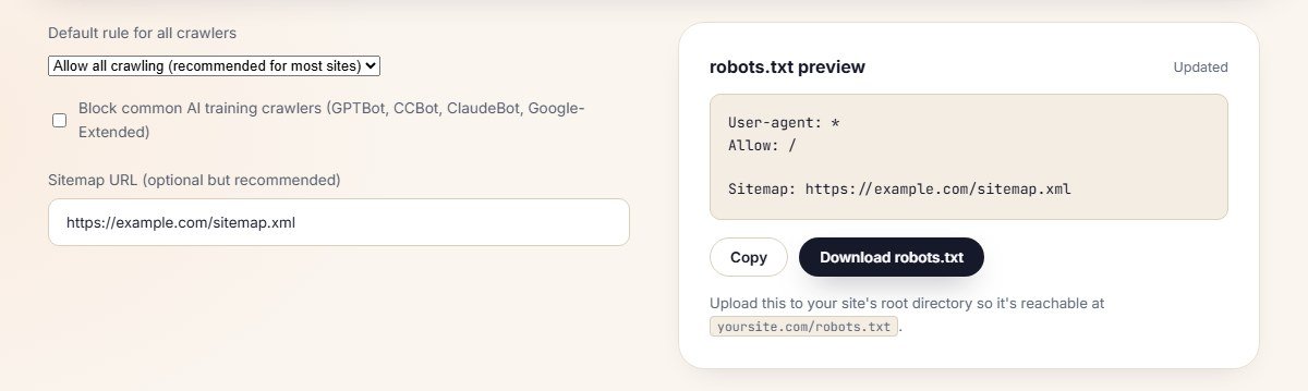 Contomatix robots.txt generator tool with a fully qualified sitemap URL filled in, showing the generated Sitemap directive output