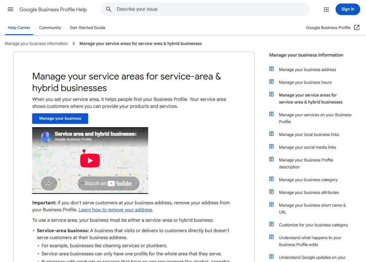 Google Business Profile Help page titled Manage your service areas for service-area and hybrid businesses, explaining that businesses which do not serve customers at their address should remove it