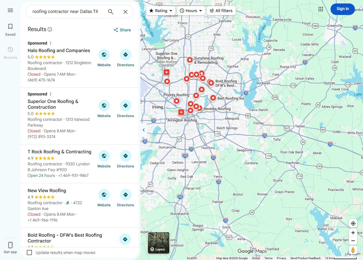 Google Maps results for roofing contractor near Dallas TX showing sponsored listings above organic ones, star ratings, categories, addresses and opening status next to a map of pins across the metro area