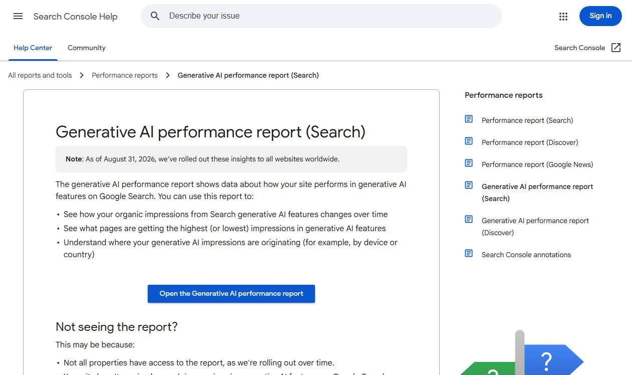 Search Console help page for the generative AI performance report showing rollout note and available data