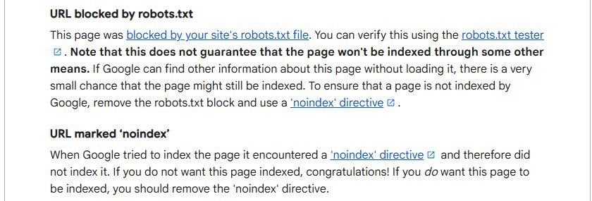 Search Console Help page indexing report entry for URL blocked by robots.txt, noting the page may still be indexed through other means and advising to remove the block and use noindex