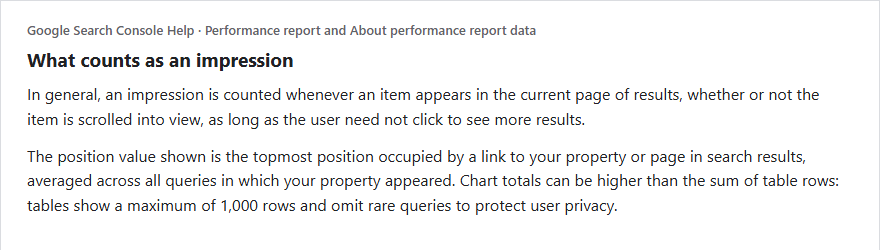 Google Search Console Help excerpt: an impression is counted whenever an item appears in the current page of results whether or not it is scrolled into view, position is the topmost position averaged across queries, and chart totals can be higher than the sum of table rows because tables show at most 1,000 rows and omit rare queries