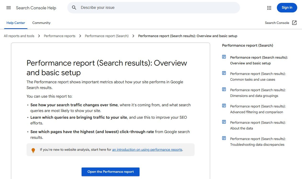 Google Search Console help page describing the Performance report and the queries bringing traffic to a site