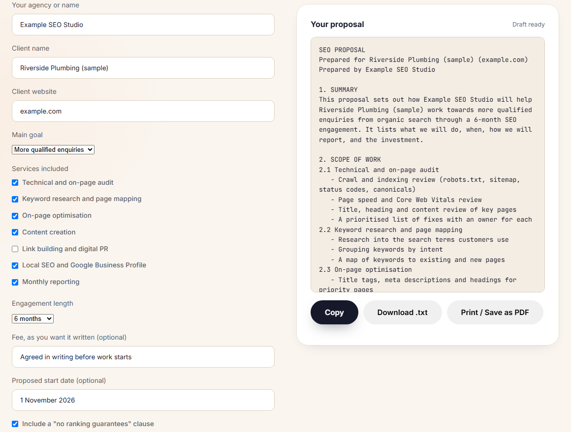 Contomatix SEO proposal generator filled in with a sample plumbing client, showing the services list technical audit, keyword research, on-page, content, local SEO and monthly reporting, and a six month scope of work