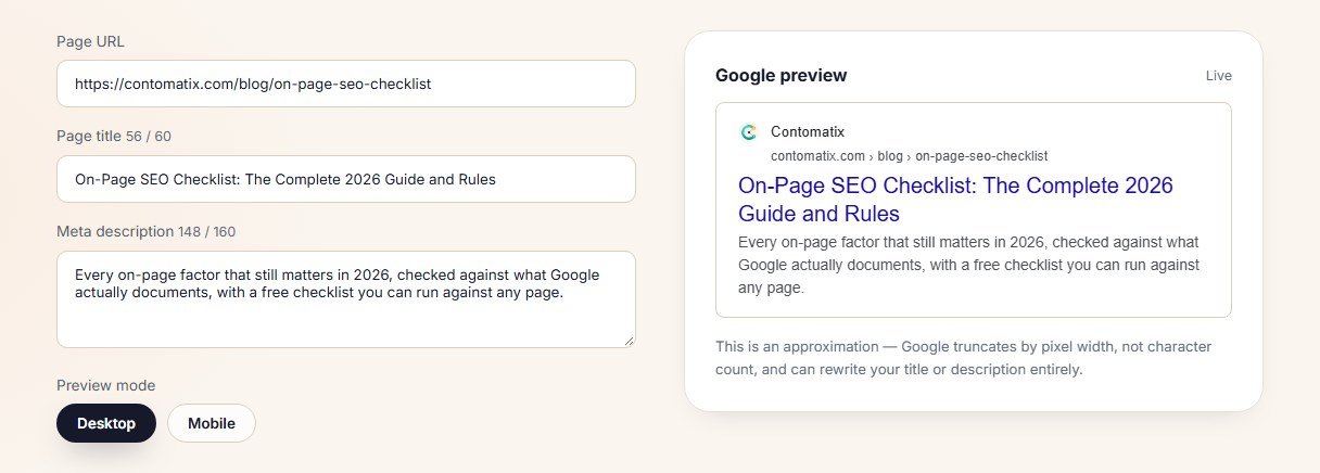 Contomatix SERP snippet preview tool showing a title and meta description rendered as a Google search result