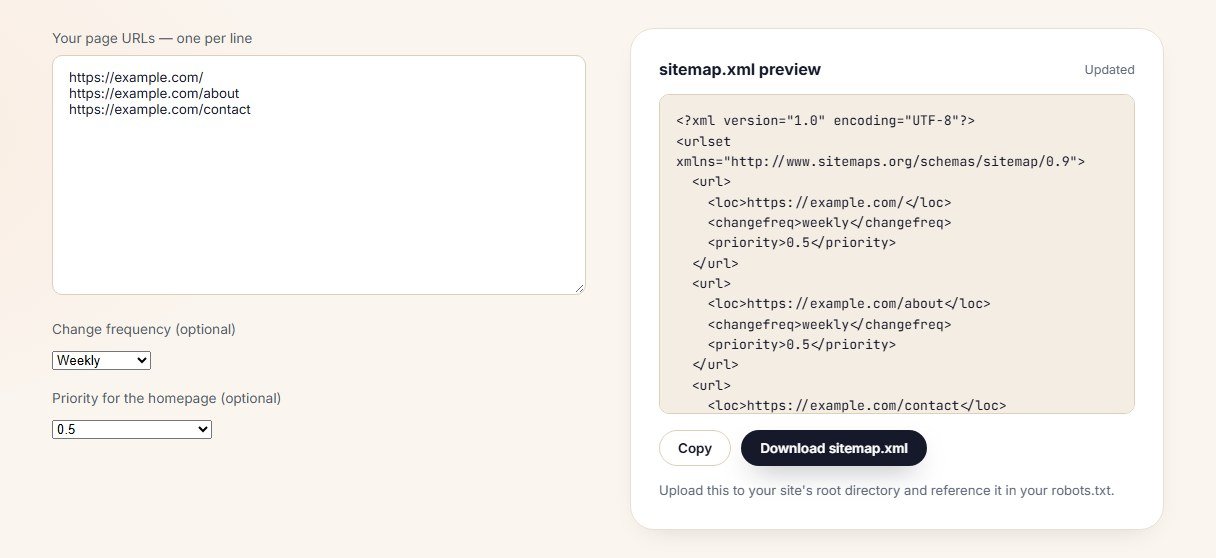Contomatix sitemap generator showing six URLs converted into a valid XML sitemap with changefreq and priority tags