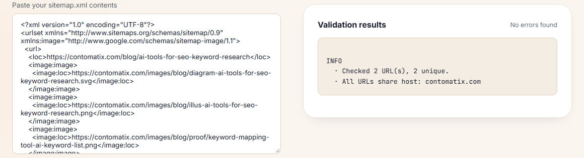 Contomatix sitemap validator showing a pasted image sitemap sample with two page URLs and the result No errors found