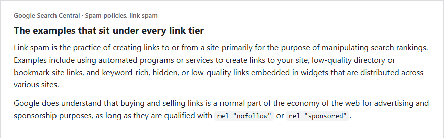 Google Search Central spam policy excerpt: link spam is creating links to or from a site primarily to manipulate rankings, with examples of automated programs creating links, low-quality directory links and keyword-rich widget links, and the note that paid links are acceptable when qualified with nofollow or sponsored
