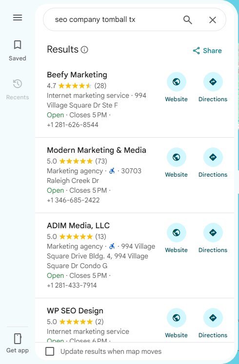 Live Google Maps results for seo company tomball tx with ratings and reviews