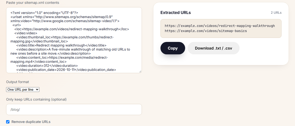 Contomatix sitemap URL extractor with the sample video sitemap pasted in and the two watch page URLs listed as output