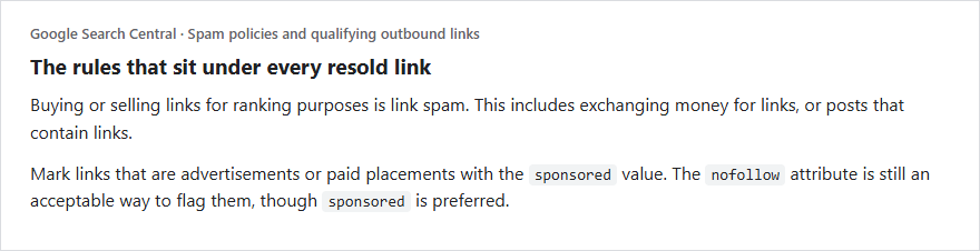 Google Search Central excerpt: buying or selling links for ranking purposes is link spam, and paid or advertisement links should use the sponsored value, with nofollow also acceptable