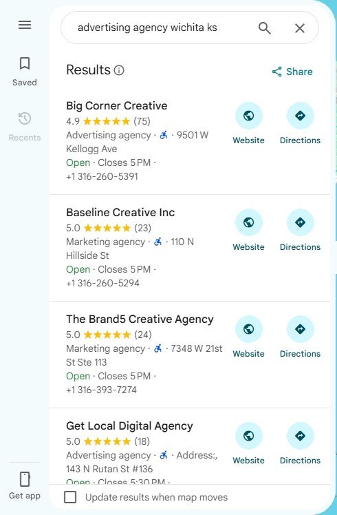 Live Google Maps results for advertising agency wichita ks