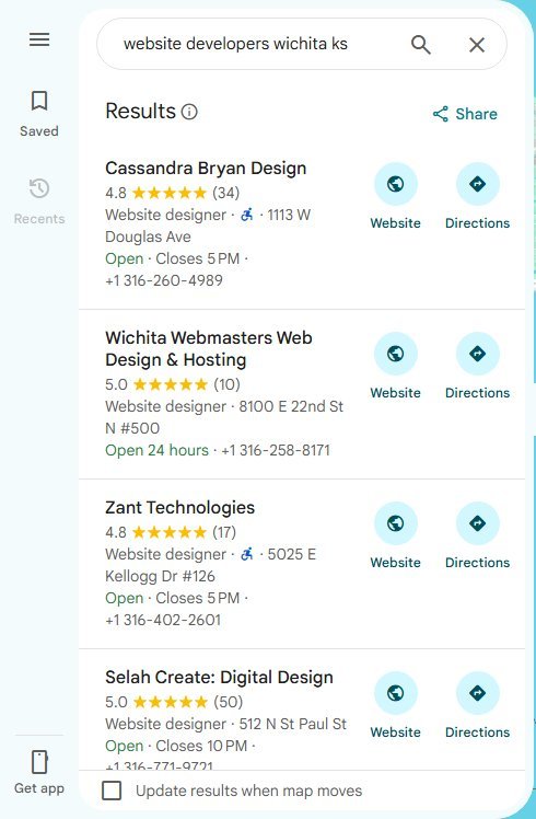 Live Google Maps results for website developers wichita ks