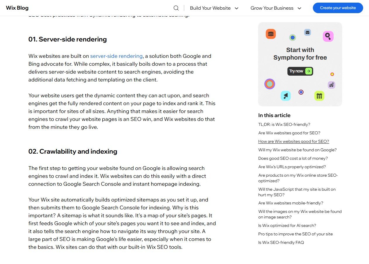 Wix Blog article Is Wix SEO-friendly showing the sections on server-side rendering and on crawlability and indexing, including automatically built sitemaps submitted to Google Search Console
