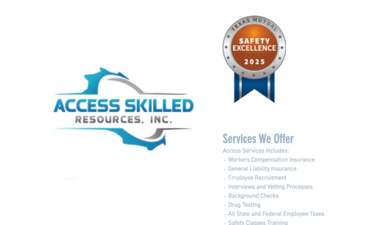 Access Skilled Resources Inc. homepage screenshot showing the company logo and a Texas Mutual Safety Excellence 2025 award badge, a skilled-labor staffing agency based in Cypress, TX