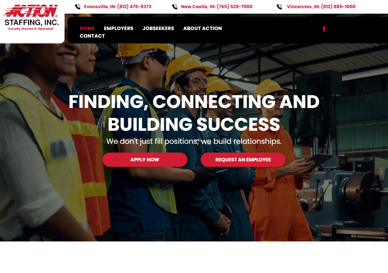 Action Staffing Inc homepage screenshot, a locally owned and operated staffing agency serving Evansville, Indiana since 1985