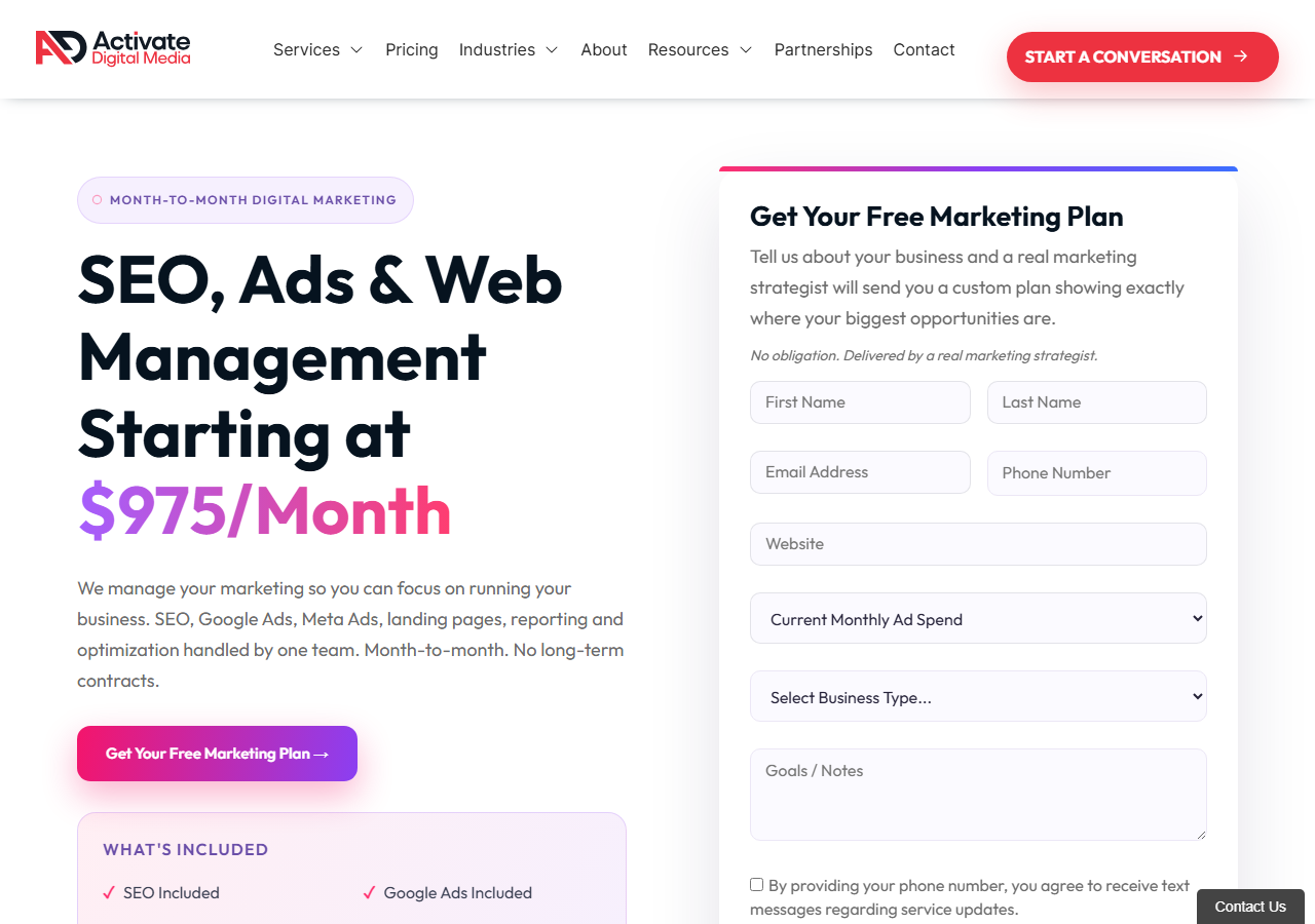 Activate Digital Media homepage screenshot, a full-service digital marketing agency based in The Woodlands, Texas