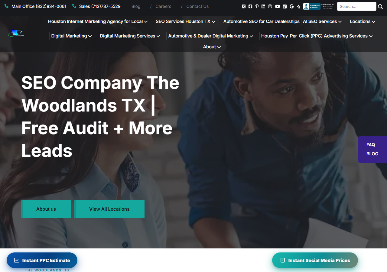 Actual SEO Media homepage screenshot for its dedicated The Woodlands, Texas office location page
