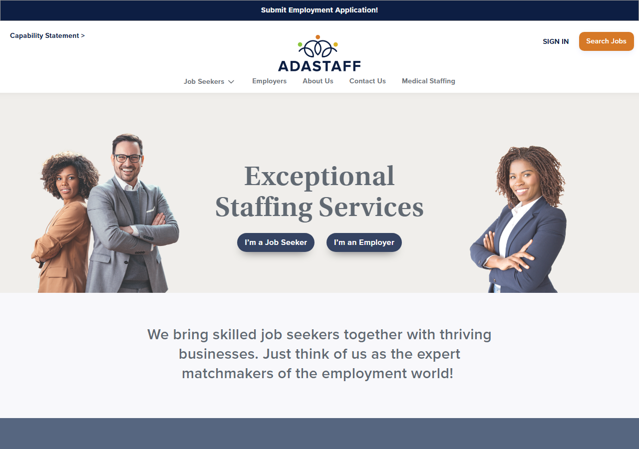 ADASTAFF homepage screenshot, a women-owned staffing and recruiting agency headquartered in Mansfield, Texas