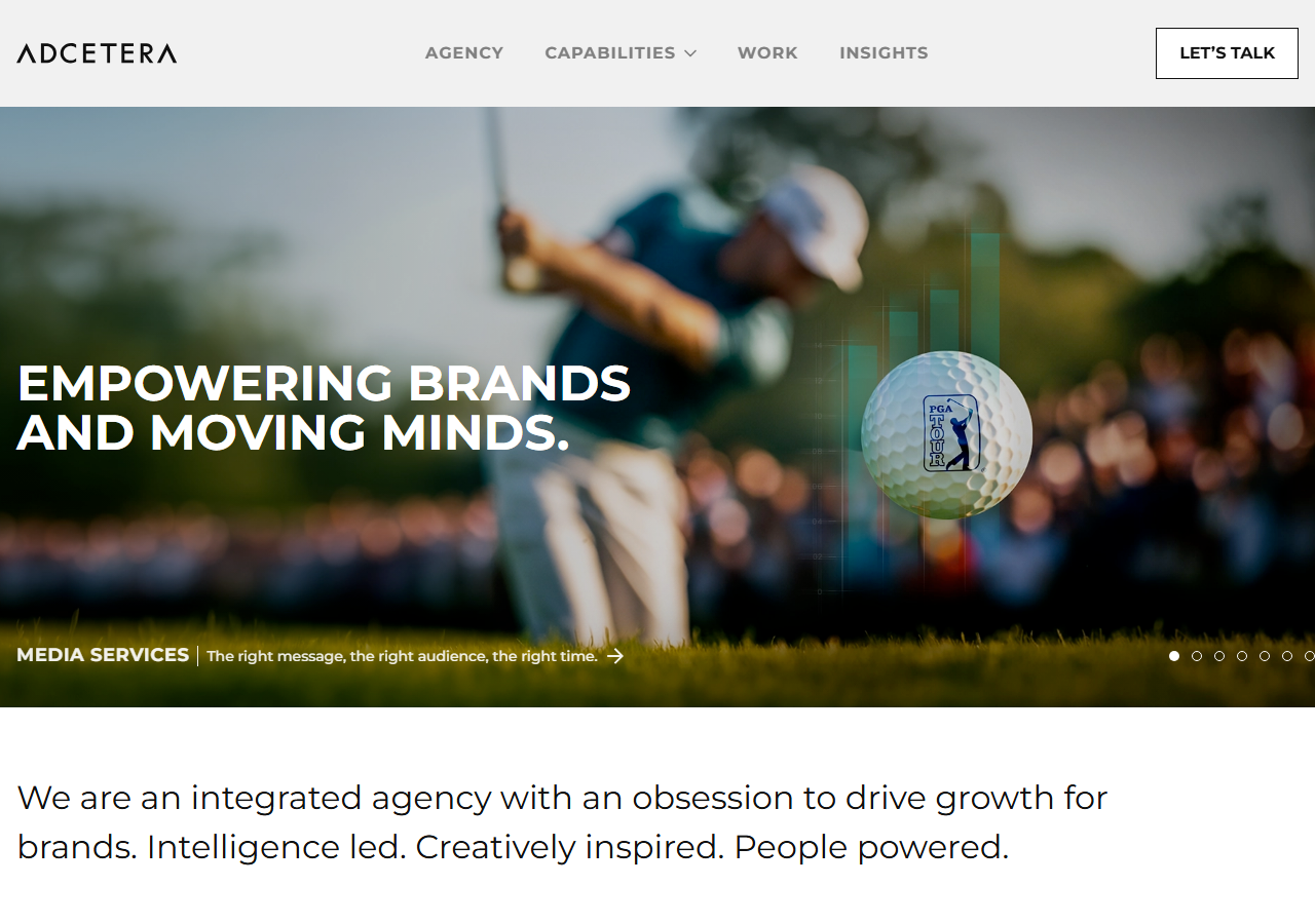 Adcetera homepage screenshot, an integrated creative and advertising agency headquartered in Houston with a dedicated office near The Woodlands, Texas