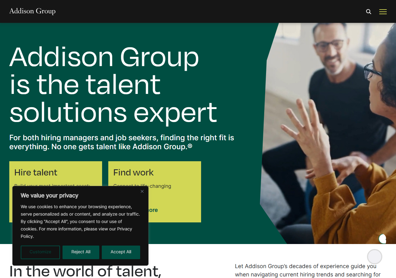 Addison Group homepage screenshot, a national staffing and recruiting company with a branch office on Washingtonian Boulevard in Gaithersburg, Maryland