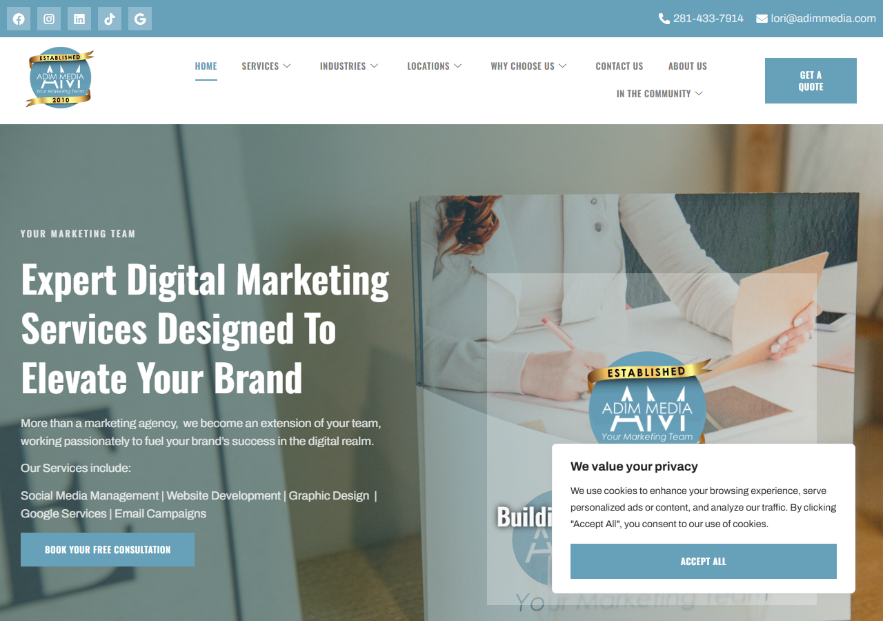 ADIM Media homepage screenshot, a Tomball, Texas marketing agency listing graphic design as one of several core services on a dedicated services page