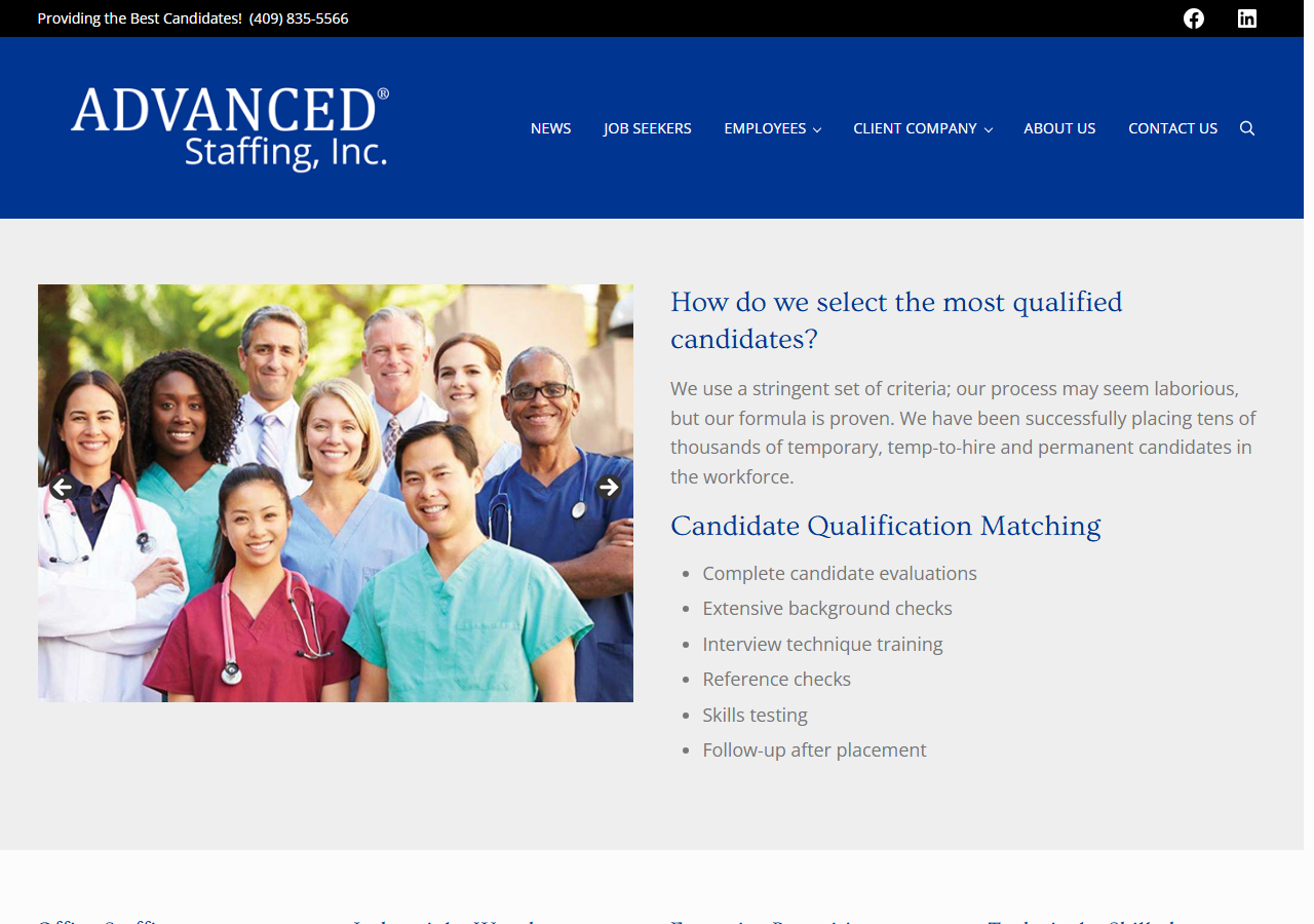 Advanced Staffing Inc homepage screenshot, a locally owned staffing and recruiting agency headquartered in Beaumont, Texas since 1997