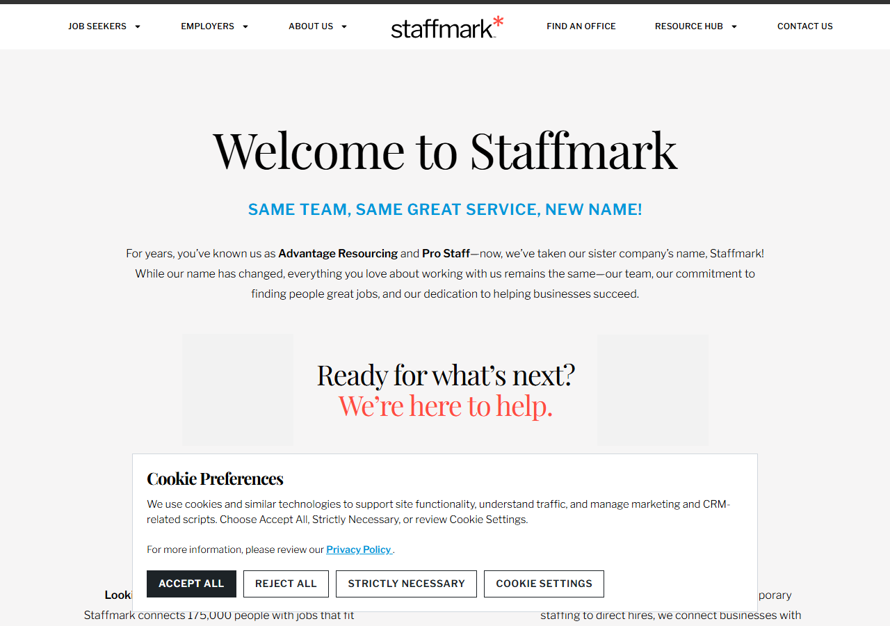 Advantage Resourcing website screenshot showing its 2025 rebrand to Staffmark, with a Beaumont, Texas branch at 1310 IH-10 South