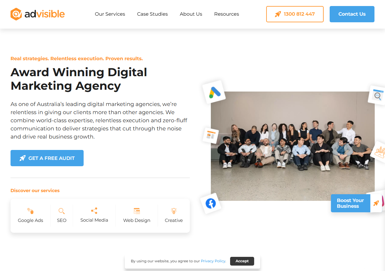 AdVisible homepage screenshot, an award-winning digital marketing agency offering Google Ads, SEO, social media and web design from Clarence Street, Sydney