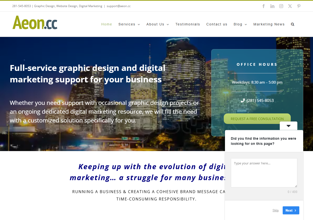 Aeon Multimedia homepage screenshot, a graphic design, branding and digital marketing agency headquartered in Sugar Land, Texas since 1996