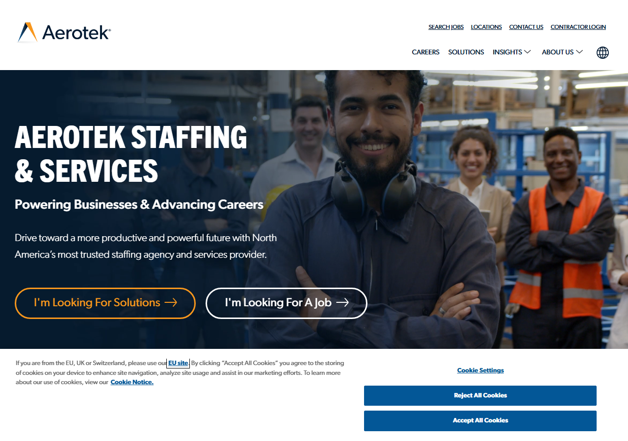 Aerotek homepage screenshot, an Allegis Group technical and industrial staffing company with a Beaumont, Texas branch office