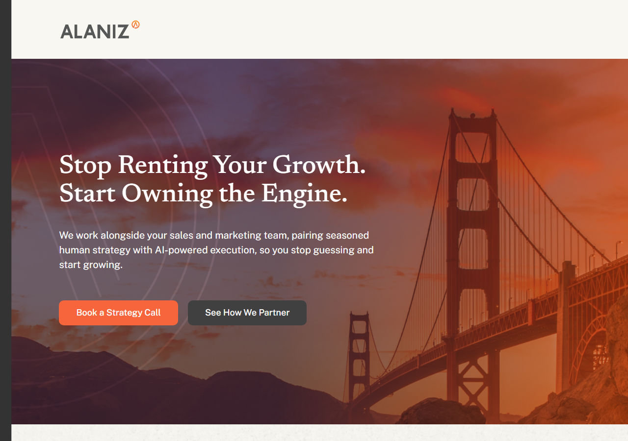 Alaniz Marketing homepage screenshot, a full-service B2B marketing agency based in Novato, California