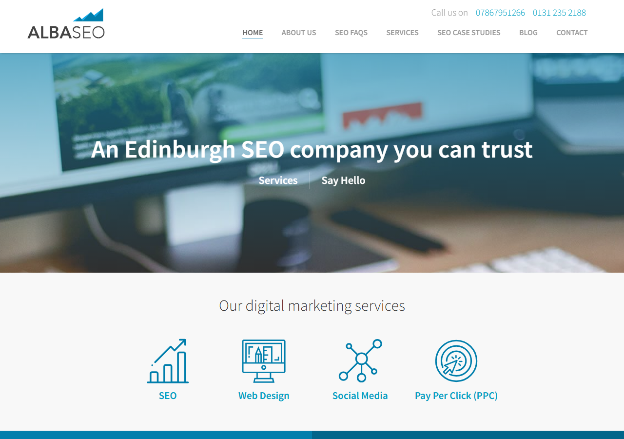 Alba SEO Services homepage screenshot, a small local SEO agency based in Edinburgh