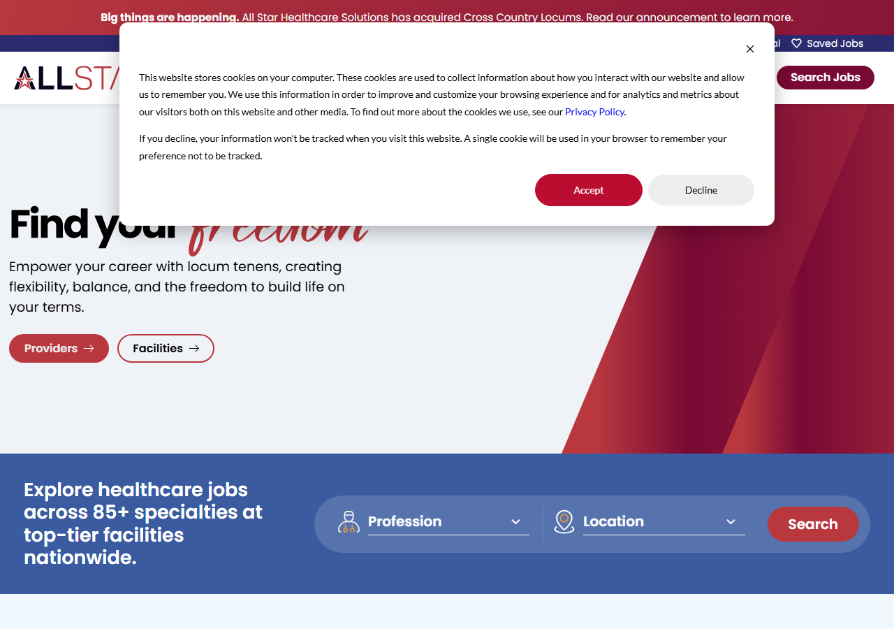All Star Healthcare Solutions homepage screenshot, a locum tenens and physician staffing agency headquartered in Deerfield Beach, Florida since 2003