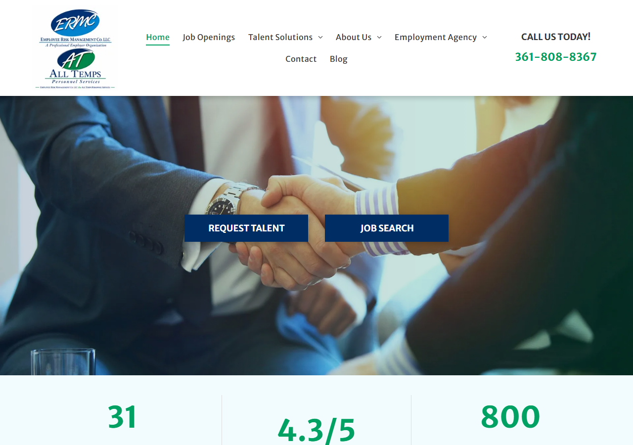 All Temps Personnel Services homepage screenshot, a woman-owned staffing agency headquartered in Corpus Christi, Texas since 1994