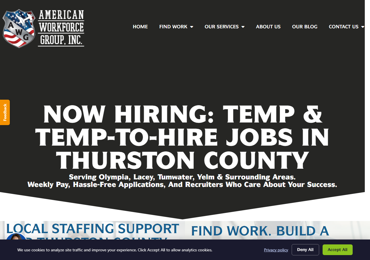 American Workforce Group homepage screenshot, a regionally owned staffing agency with a staffed Olympia, Washington branch office