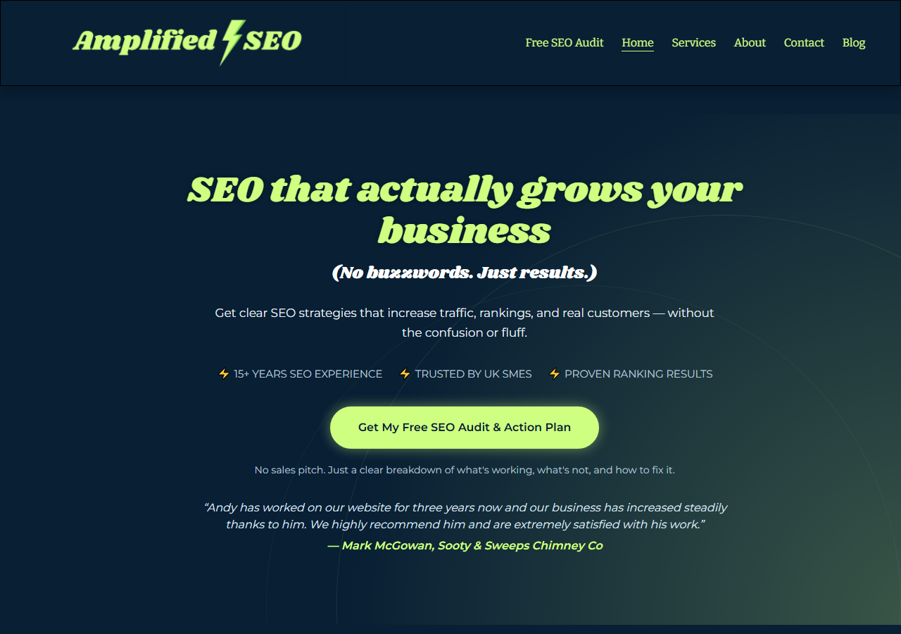 Amplified SEO homepage screenshot, an independent SEO consultancy serving small businesses in Maidstone and Kent