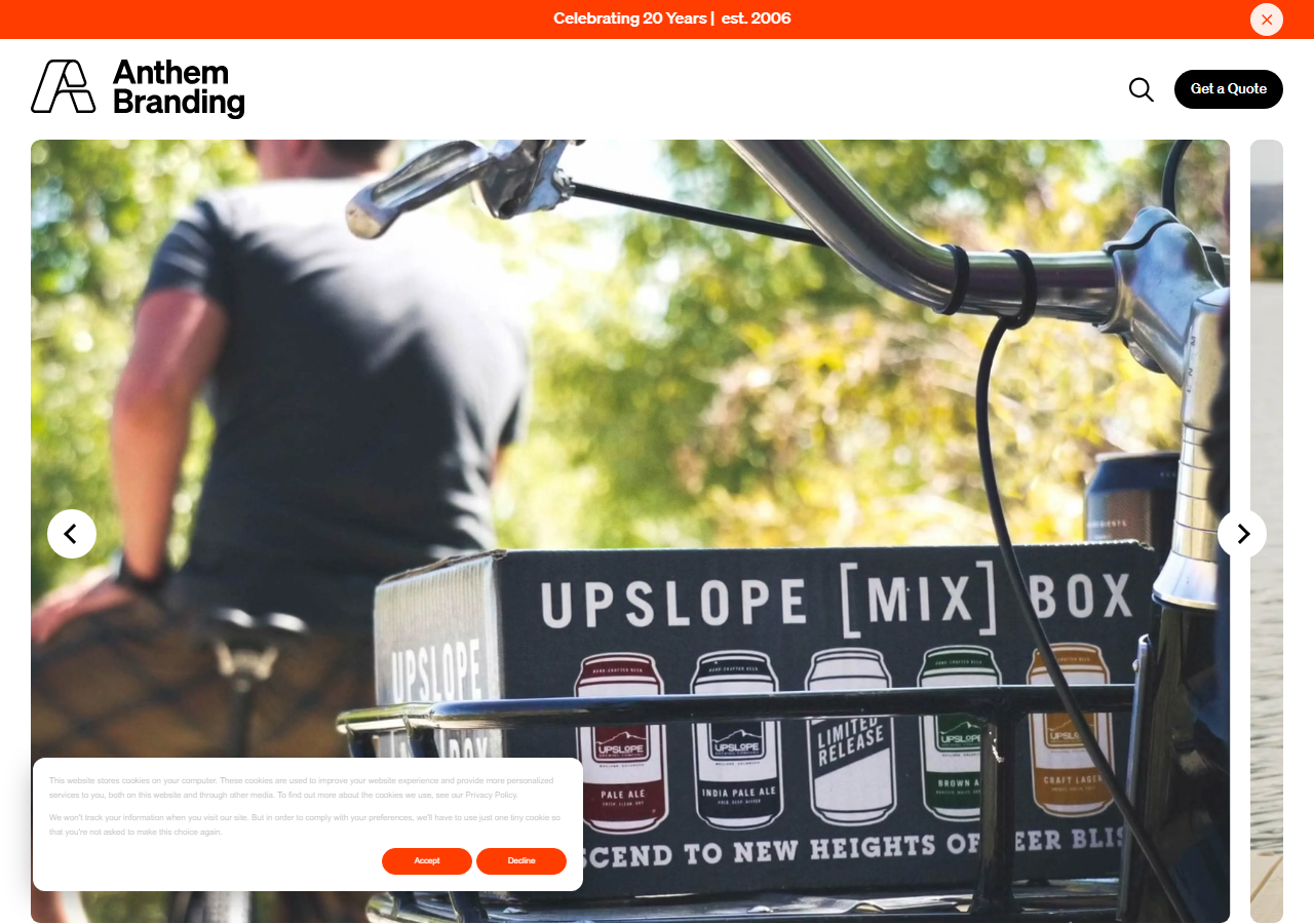 Anthem Branding homepage screenshot, a Boulder, Colorado promotional products distributor that also produces branding and logo identity work