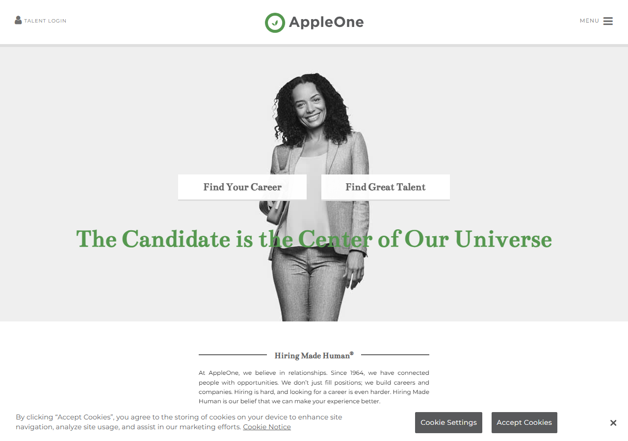 AppleOne Employment Services homepage screenshot, a national staffing agency with a branch office in the Sequoia Center on Old Redwood Highway in Petaluma
