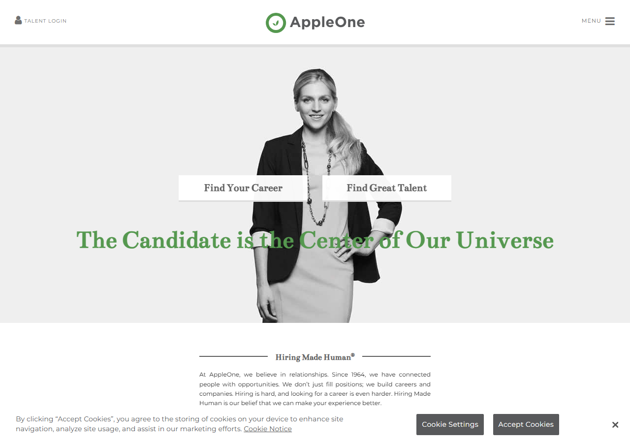 AppleOne Employment Services homepage screenshot, a national staffing brand with a long-standing branch office in Pleasanton, California