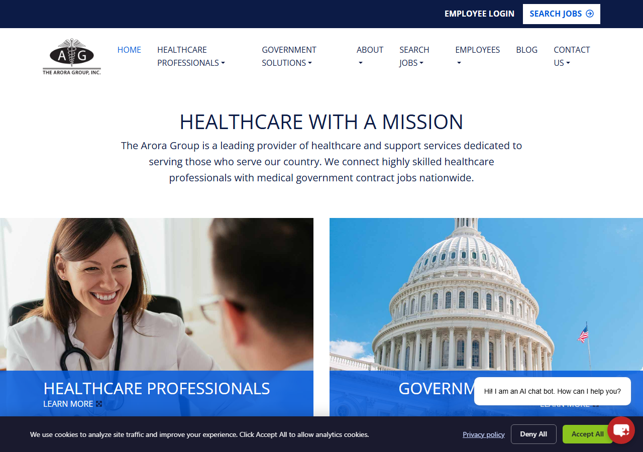 The Arora Group homepage screenshot, a Joint Commission-certified healthcare staffing company headquartered in Gaithersburg, Maryland