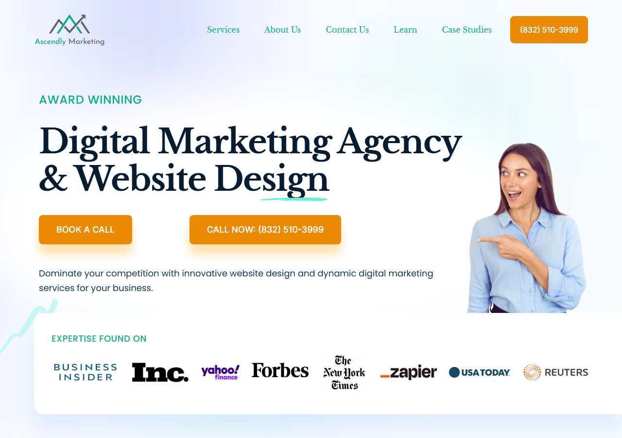 Ascendly Marketing and Website Design homepage, a PPC, social media and SEO agency based in Sugar Land, Texas