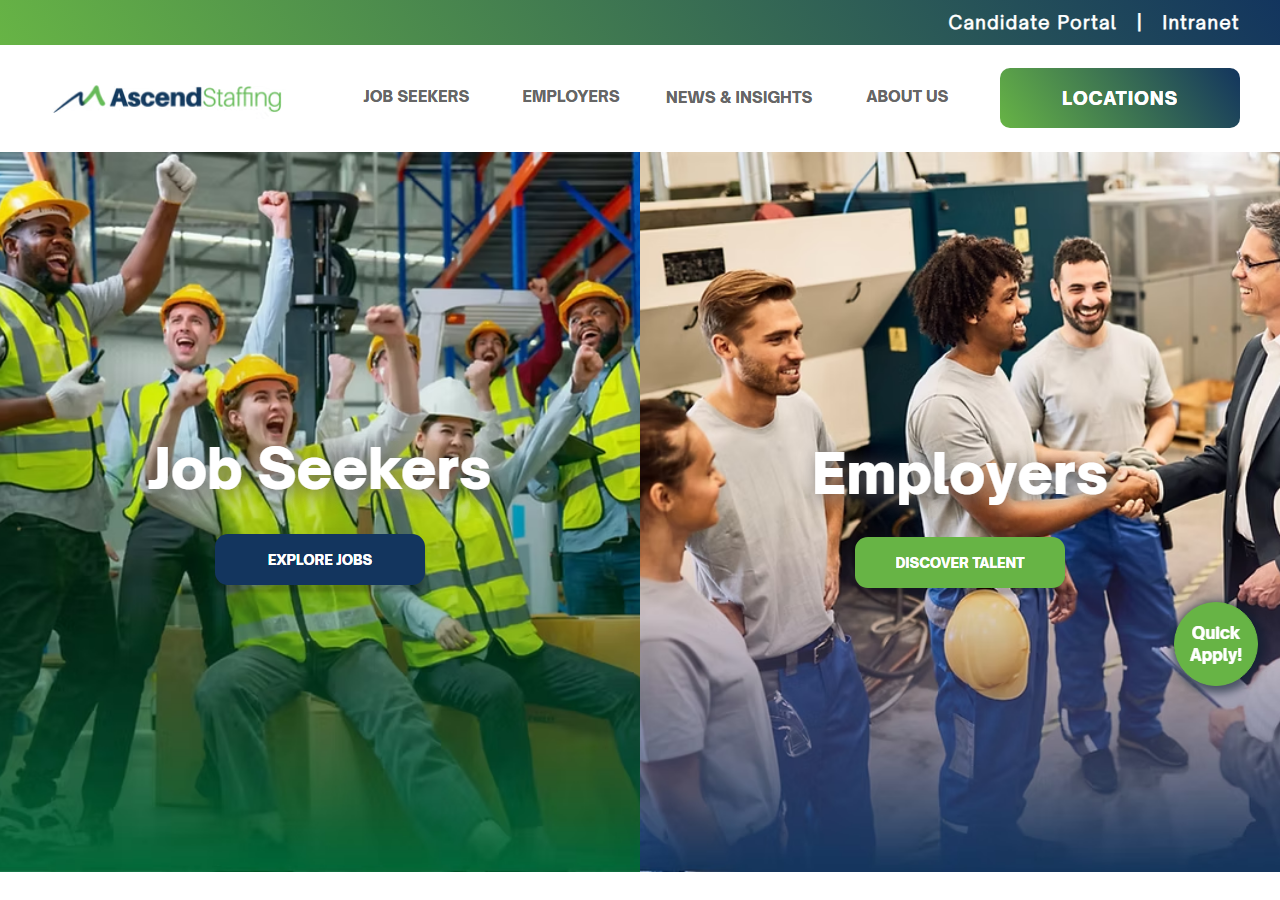 Ascend Staffing homepage screenshot, a national light-industrial staffing company with a McKinney, Texas branch office
